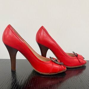 FENDI Red Buckle Peep Toe Pumps Stacked Heel